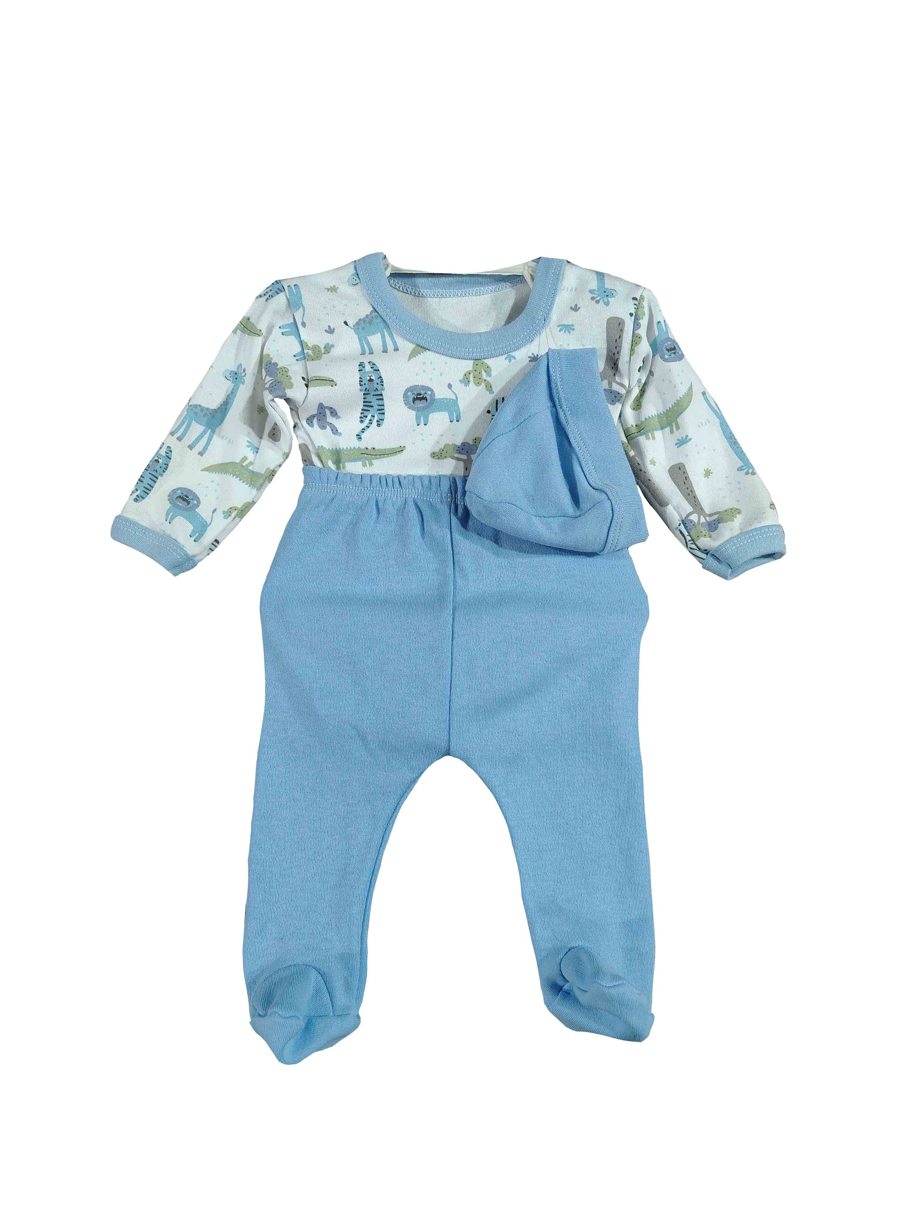 body de dos partes niño bebe celeste con trama y gorro